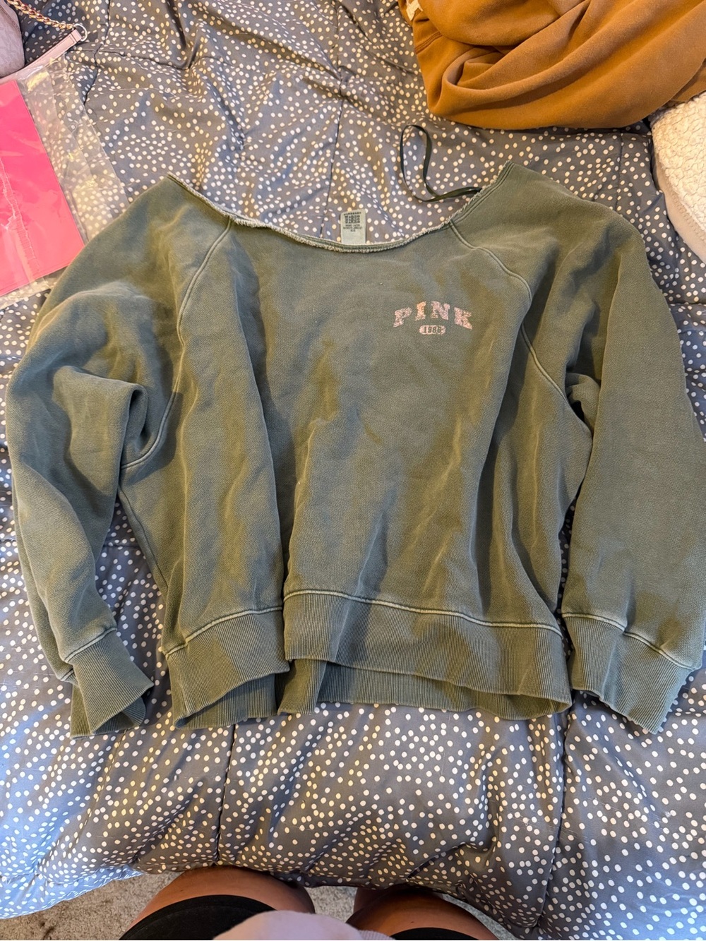 Victoria's Secret PINK Olive Green Off-the-Shoulder Sweatshirt
